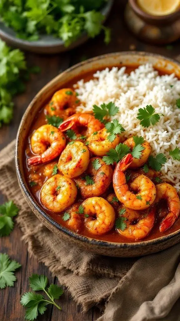 A bowl of South Indian Coconut and Prawn Curry served with rice, garnished with fresh cilantro.
