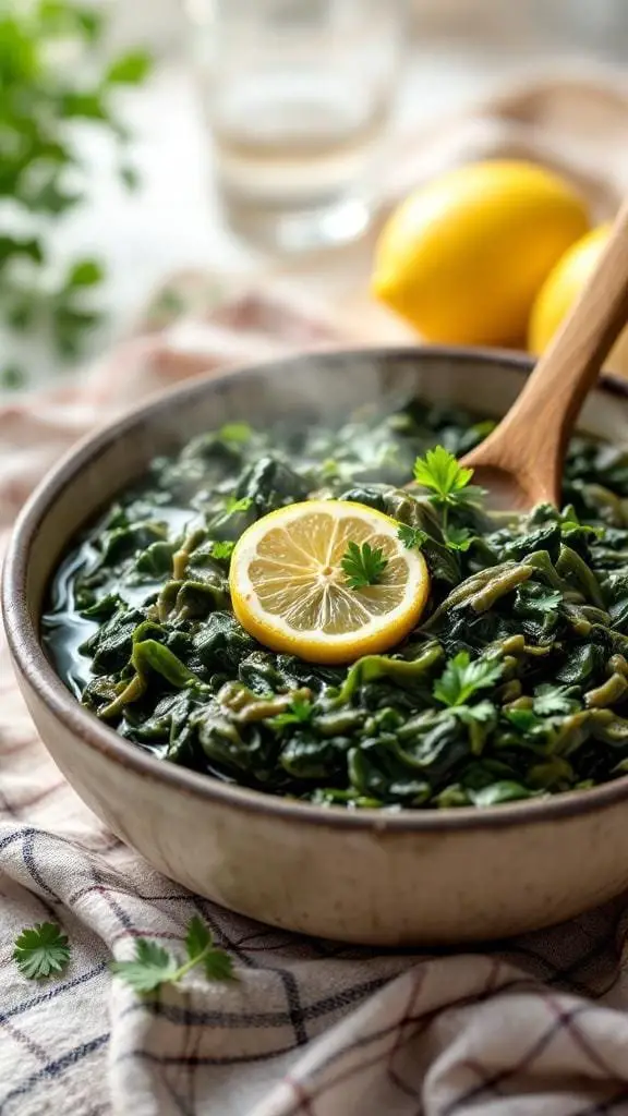 A bowl of braised collard greens garnished with a lemon slice and fresh herbs.