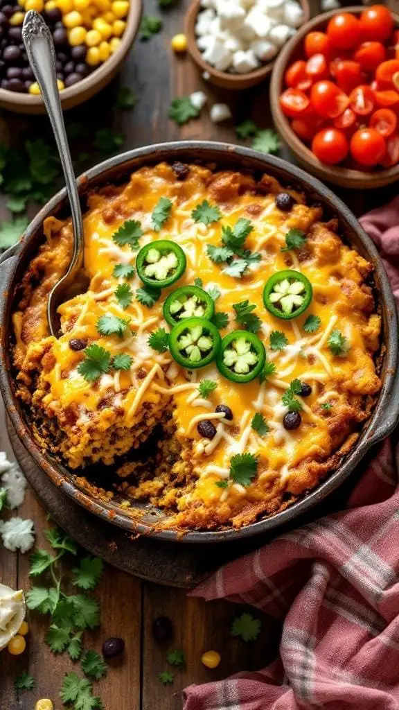 A delicious Southwest Cornbread Taco Casserole topped with cheese, jalapeños, and cilantro, surrounded by fresh ingredients.