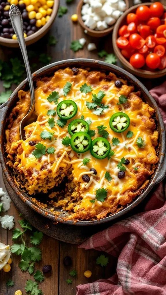 A delicious Southwest Cornbread Taco Casserole topped with cheese, jalapeños, and cilantro, surrounded by fresh ingredients.