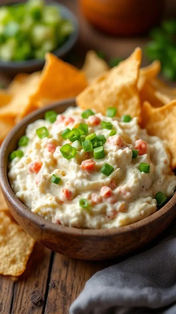 A bowl of spicy and creamy crab rangoon dip surrounded by tortilla chips and green onions.
