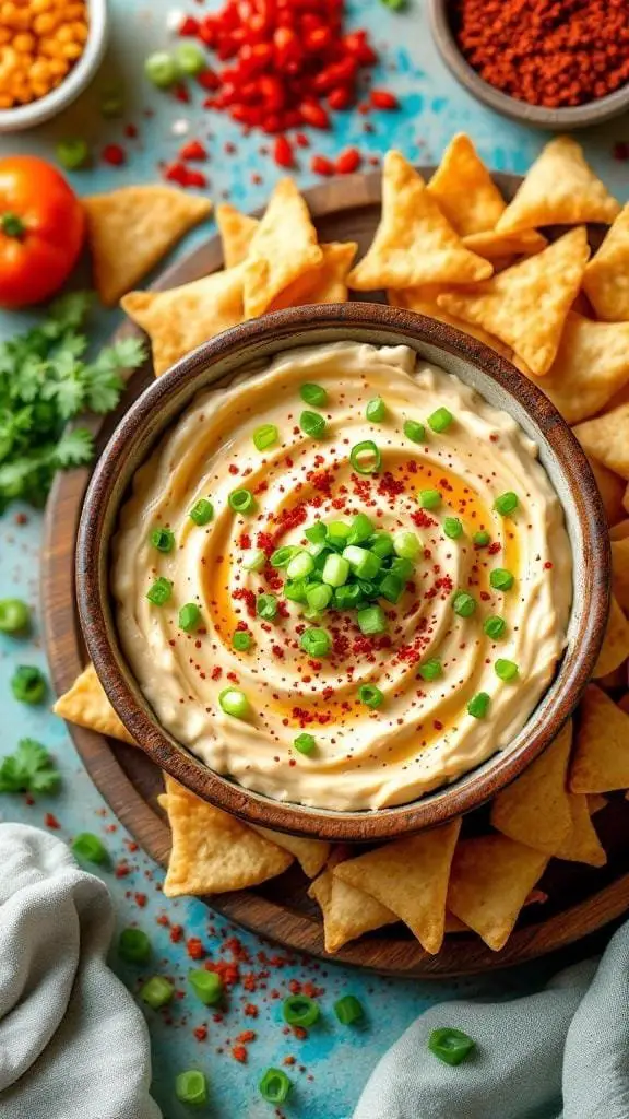 A bowl of Spicy & Creamy Crab Rangoon Dip surrounded by tortilla chips and garnished with green onions.