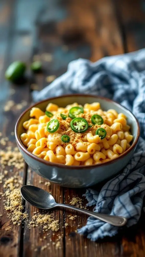 A bowl of spicy and creamy mac and cheese topped with sliced jalapeños and breadcrumbs.