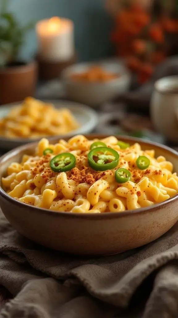 A bowl of spicy and creamy mac and cheese topped with jalapeños and spices.