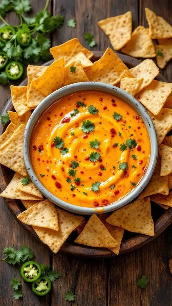 A bowl of spicy queso dip surrounded by tortilla chips, garnished with cilantro and jalapeños.