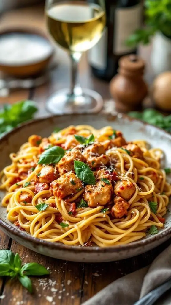 A plate of spicy and creamy Tuscan chicken pasta garnished with fresh basil.