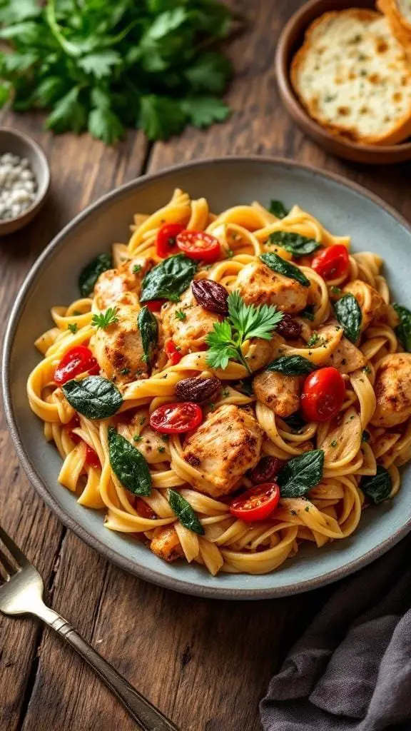 A plate of spicy and creamy Tuscan chicken pasta with spinach and tomatoes.