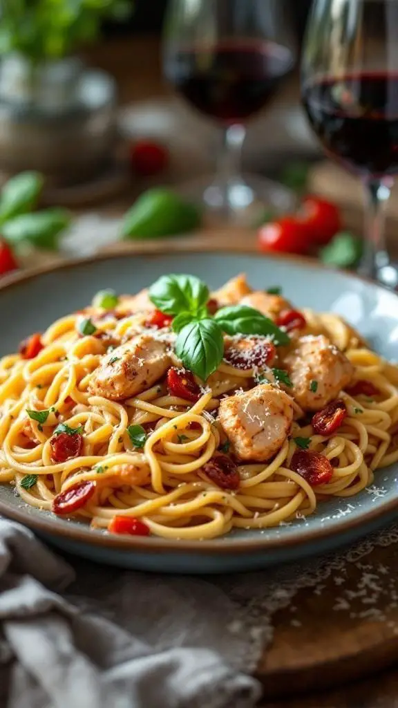 A plate of spicy and creamy Tuscan chicken pasta garnished with basil and served with red wine.