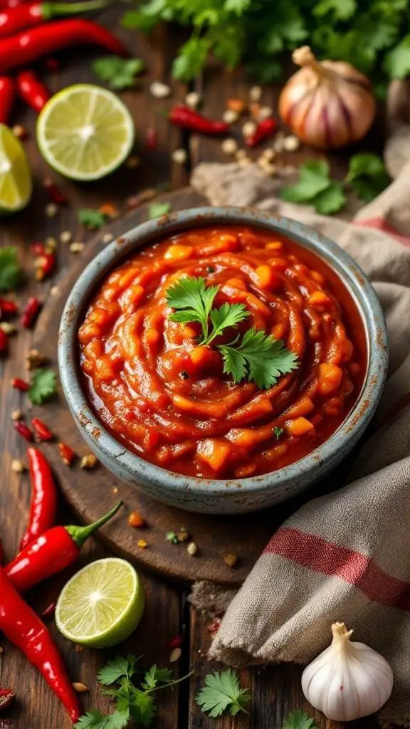 A bowl of Mexican Tamarind Sauce surrounded by fresh ingredients like lime, garlic, and chili peppers.