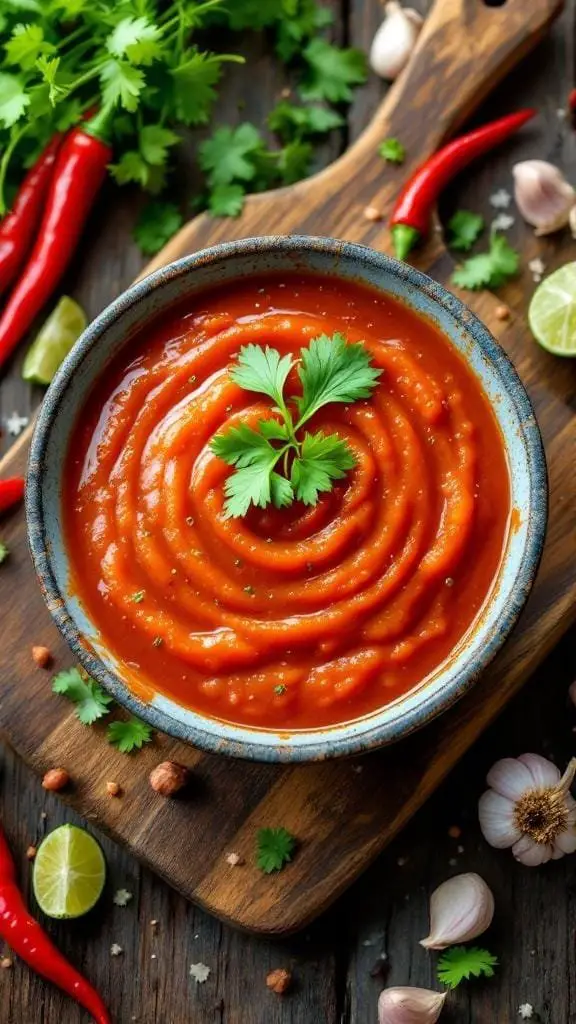 A bowl of spicy and tangy Mexican tamarind sauce garnished with cilantro, surrounded by fresh ingredients.