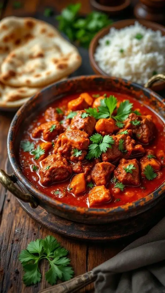 A bowl of spicy beef vindaloo served with rice and naan