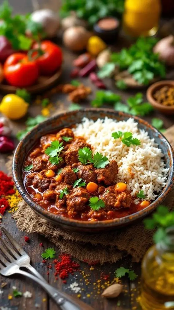 A bowl of Spicy Beef Vindaloo served with rice, garnished with cilantro.