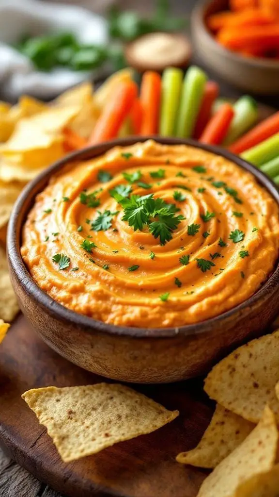 A bowl of Spicy Buffalo Cauliflower Dip garnished with parsley, surrounded by tortilla chips and fresh vegetables.