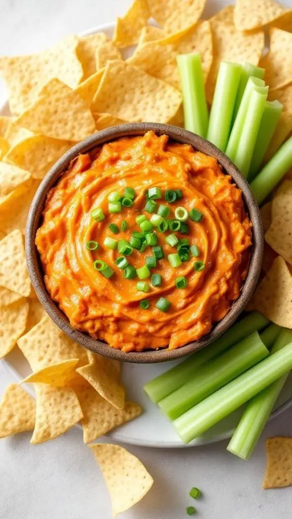 A bowl of Spicy Buffalo Chicken Dip surrounded by tortilla chips and celery sticks.