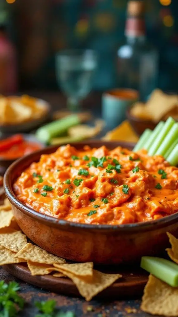 A bowl of Spicy Buffalo Chicken Dip surrounded by tortilla chips and celery sticks.