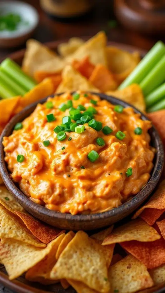 A bowl of spicy buffalo chicken dip surrounded by tortilla chips and celery sticks.