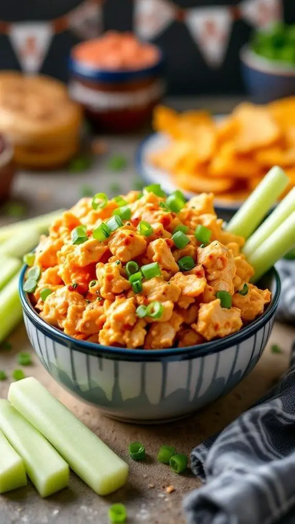 A bowl of Spicy Buffalo Chicken Potato Salad garnished with green onions, surrounded by celery sticks and snacks.