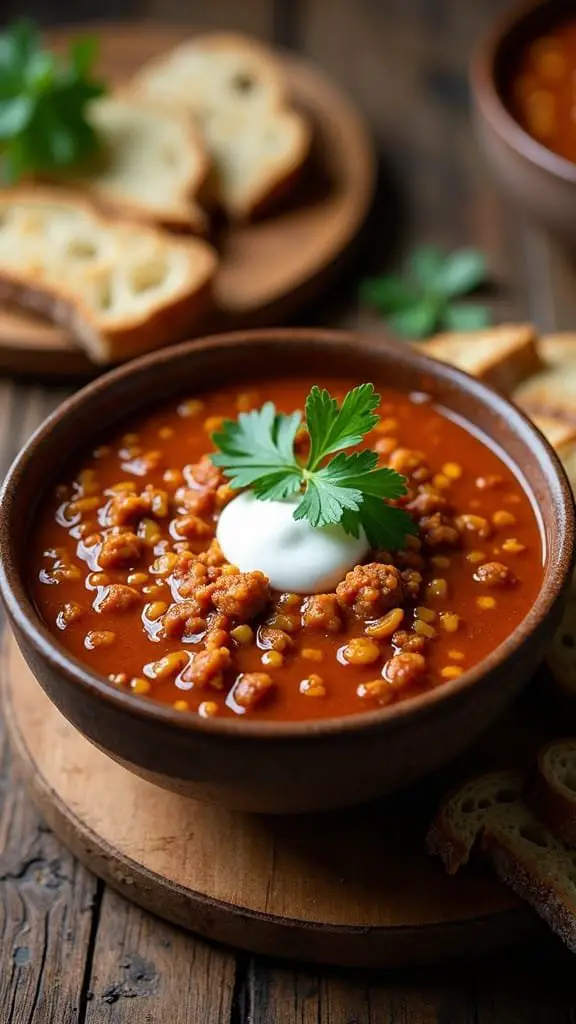 A bowl of Spicy Buffalo Chicken Red Lentil Chili garnished with parsley, served with slices of bread.