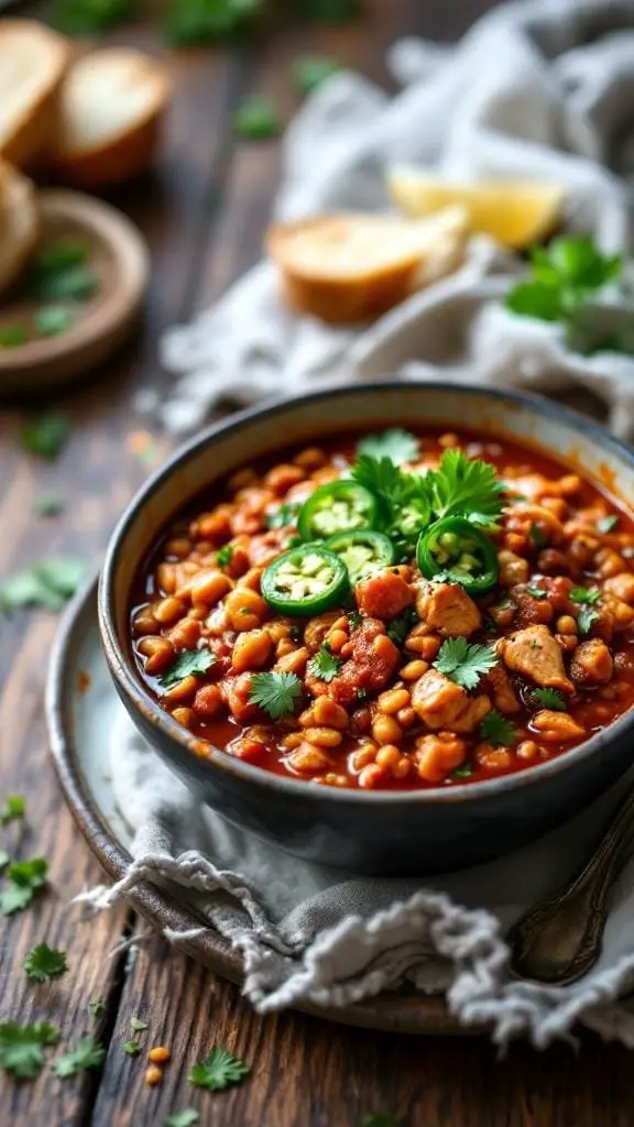A bowl of Spicy Buffalo Chicken Red Lentil Chili garnished with jalapeños and cilantro.