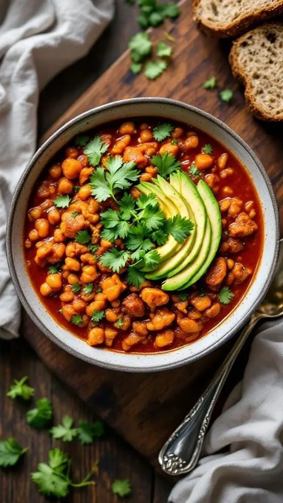 A bowl of spicy buffalo chicken red lentil chili topped with avocado and cilantro.