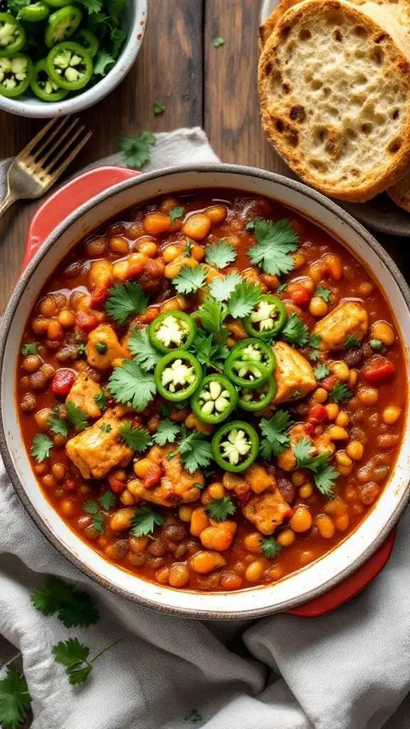 A bowl of Spicy Buffalo Chicken Red Lentil Chili topped with cilantro and jalapeños, served with toasted bread.