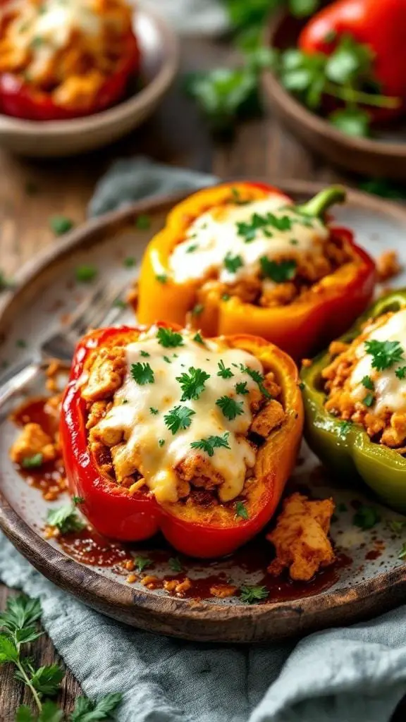 Colorful stuffed peppers filled with buffalo chicken and topped with cheese