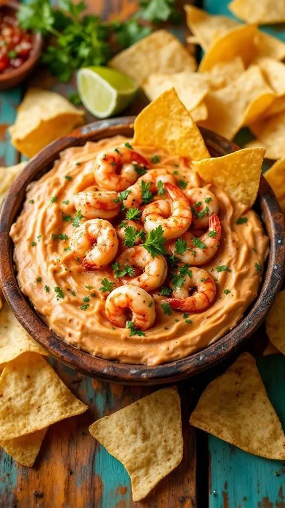 A bowl of Spicy Cajun Shrimp Dip topped with shrimp and cilantro, surrounded by tortilla chips.