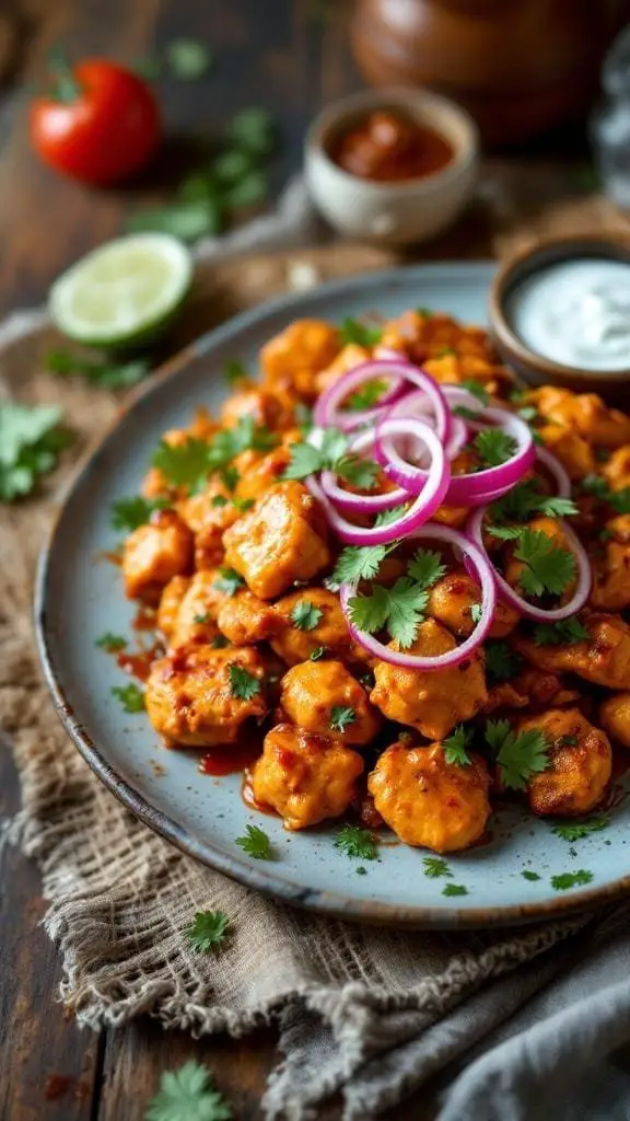 A plate of Spicy Chicken 65 garnished with onions and cilantro