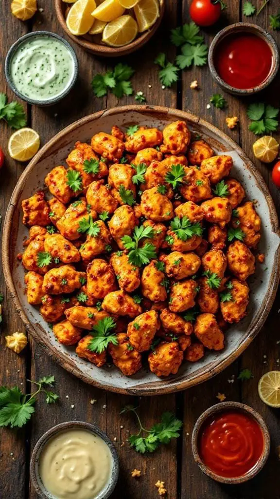 A plate of Spicy Chicken 65 garnished with fresh herbs, surrounded by dipping sauces and lemon slices.