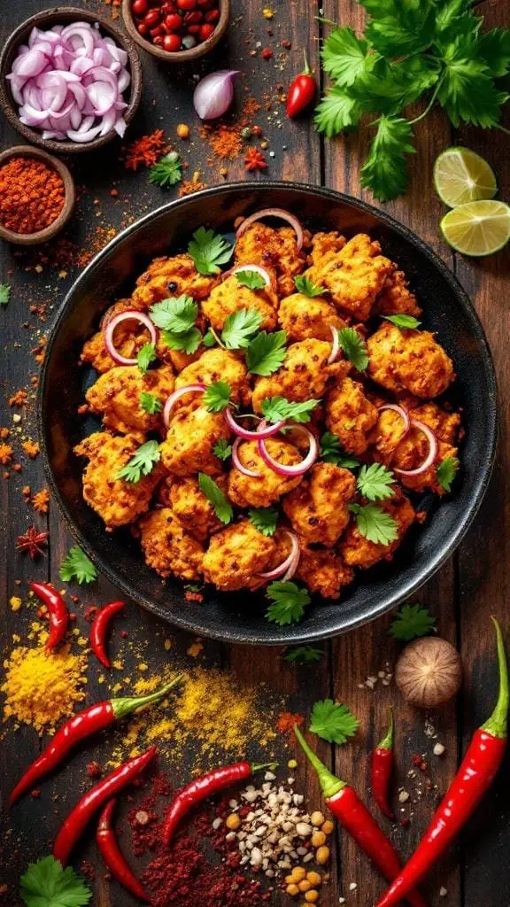 A plate of Spicy Chicken 65 garnished with cilantro and onion, surrounded by spices and fresh ingredients.