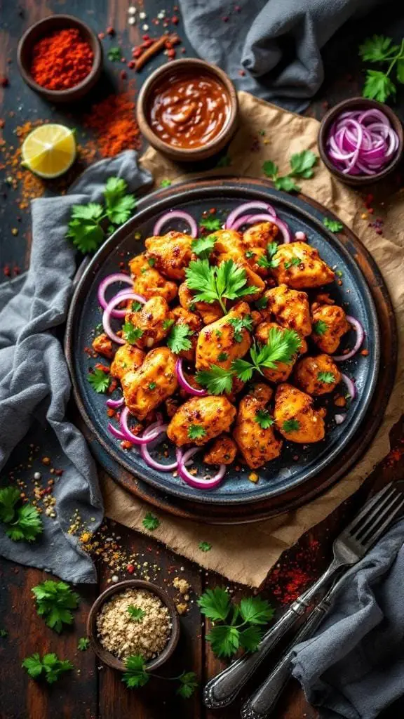 A plate of Spicy Chicken 65 garnished with cilantro and served with onions and spices.