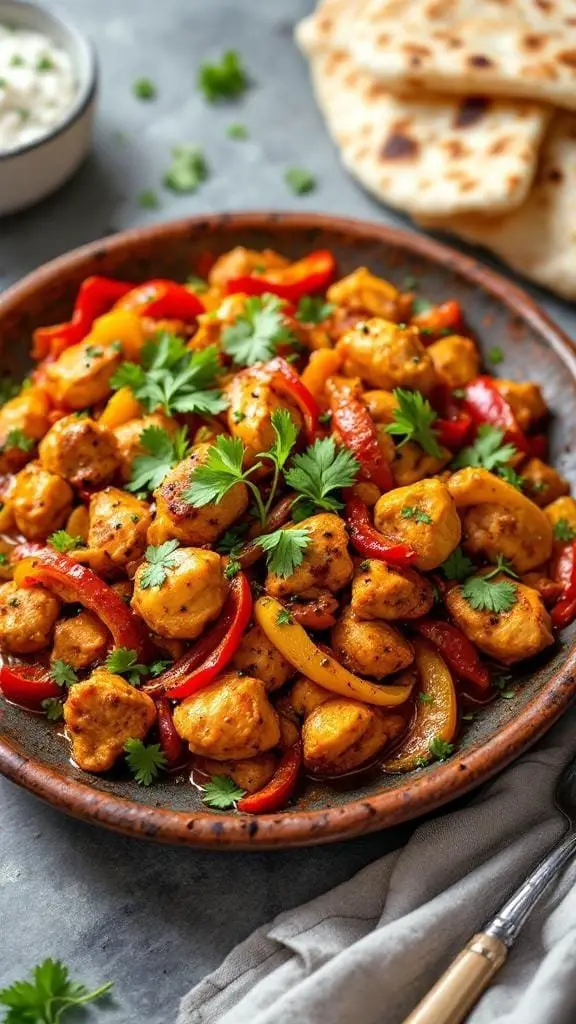 A bowl of Spicy Chicken Jalfrezi with colorful bell peppers and garnished with cilantro