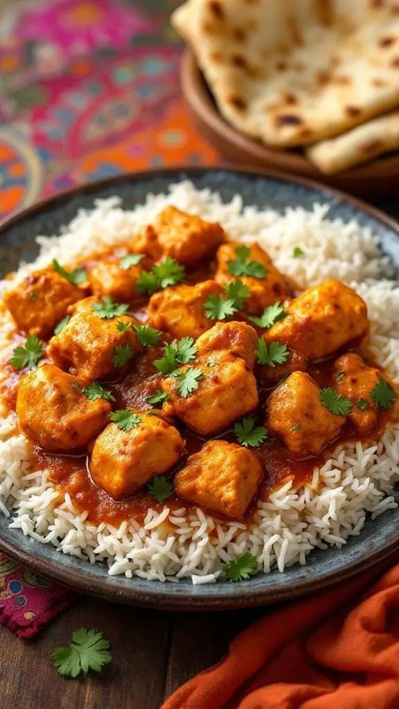 A plate of Spicy Chicken Pathia served with rice and garnished with cilantro.