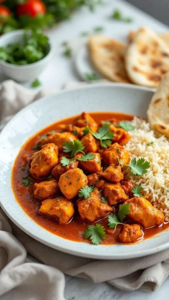 A bowl of Spicy Chicken Pathia served with rice and naan bread, garnished with fresh cilantro.