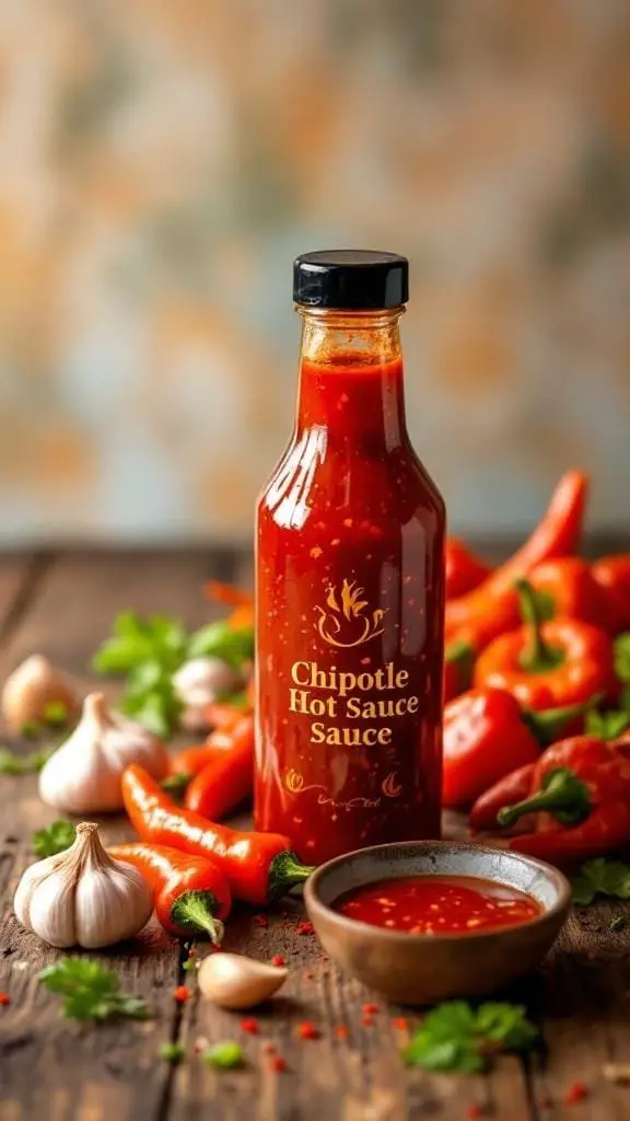 Bottle of chipotle hot sauce with fresh ingredients