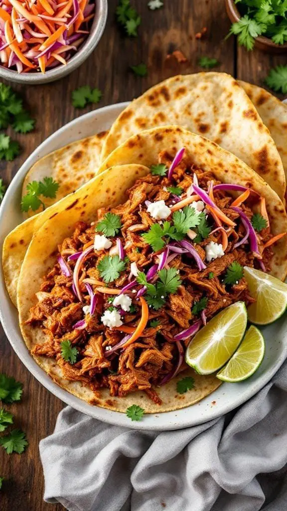 A plate of spicy chipotle pulled pork served with tortillas, garnished with cilantro and lime.