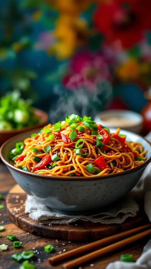 A bowl of spicy homemade lo mein topped with green onions and red peppers.