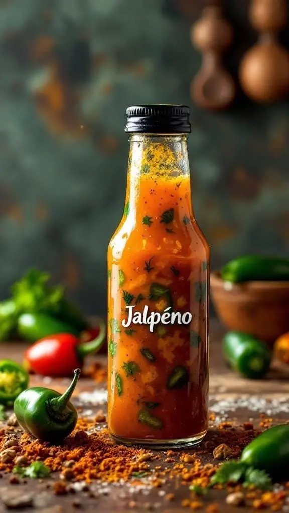 Bottle of Spicy Jalapeño Hot Sauce surrounded by fresh jalapeños and spices