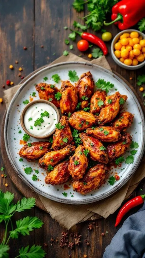 A plate of spicy jerk chicken wings garnished with parsley and served with a dipping sauce.