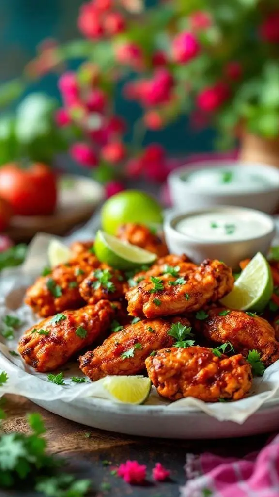 A plate of spicy jerk chicken wings garnished with lime and cilantro, served with dipping sauces.