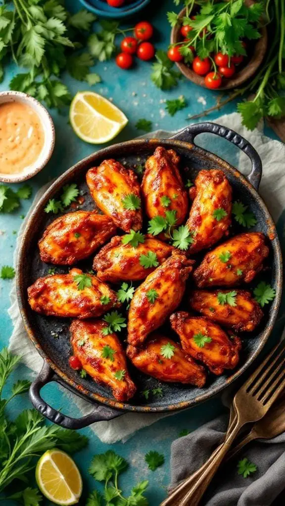 A plate of spicy jerk chicken wings garnished with cilantro and served with dipping sauce.
