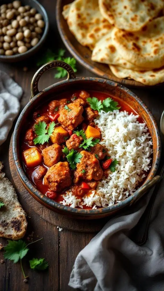 A bowl of spicy Kerala-style beef curry served with rice and flatbreads.