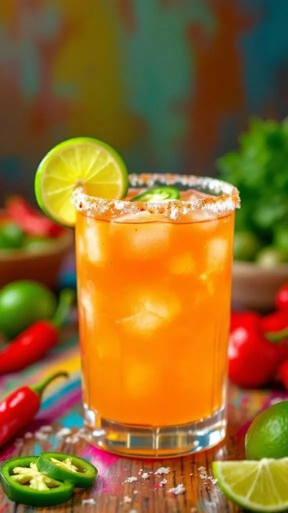 A vibrant Spicy Margarita cocktail garnished with lime and jalapeño, surrounded by fresh ingredients.