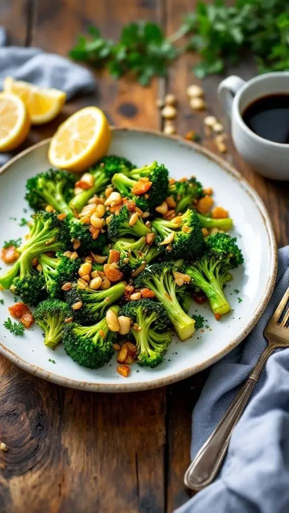 Plate of spicy roasted broccoli with garlic and lemon garnished with pine nuts