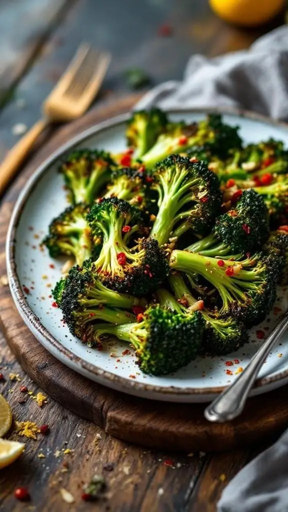 A plate of spicy roasted broccoli garnished with red pepper flakes and lemon slices.