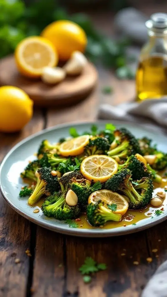 A plate of spicy roasted broccoli garnished with lemon slices and garlic.