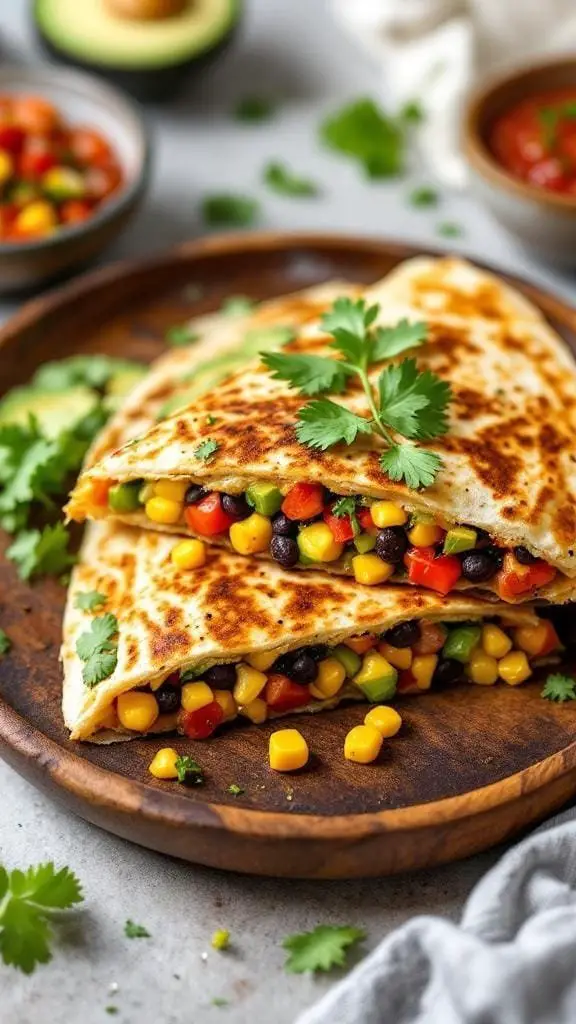 Delicious spicy southwest vegan quesadilla with colorful fillings