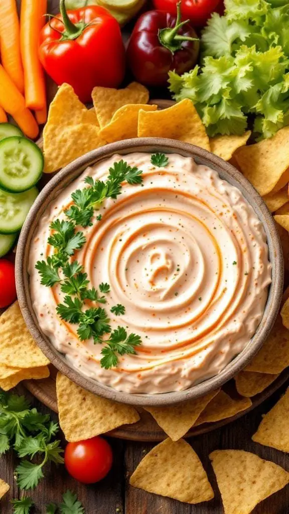 A bowl of spicy sriracha ranch dip surrounded by fresh vegetables and tortilla chips.