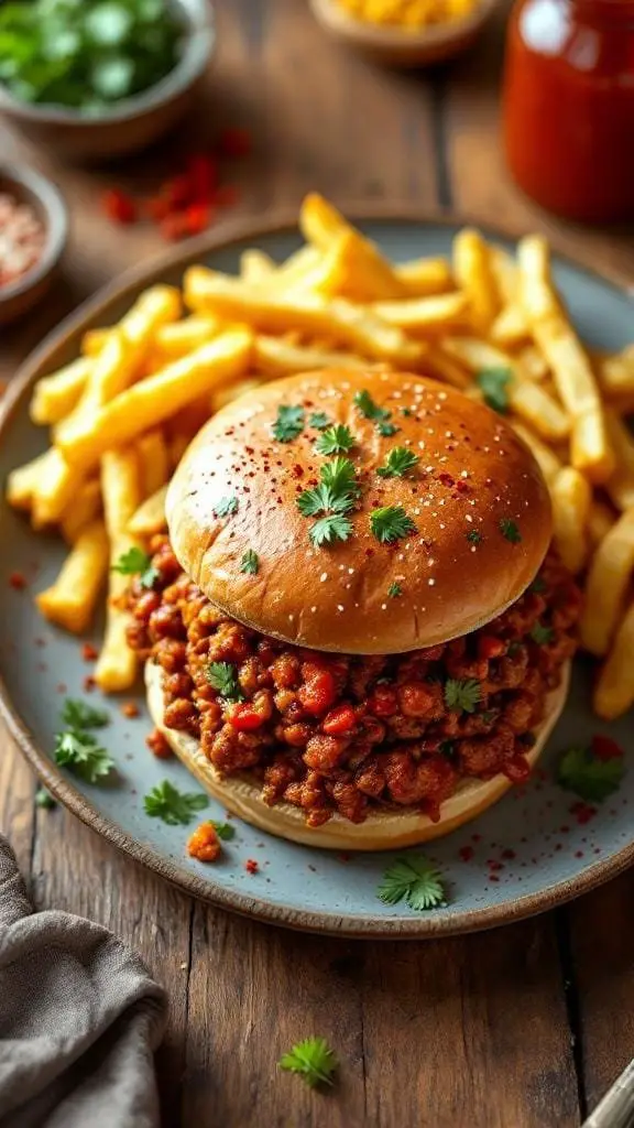 A plate of Spicy Sriracha Sloppy Joes with fries, garnished with cilantro.