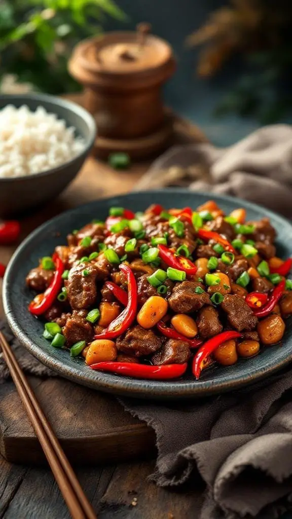 A plate of Spicy Szechuan Beef with red peppers and green onions, served with rice.